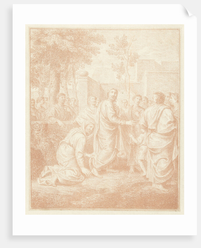 Kneeling woman grabs the mantle of Christ by Louis Fabritius Dubourg