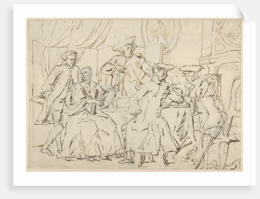 Four men and a lady around a table in a room by Anonymous
