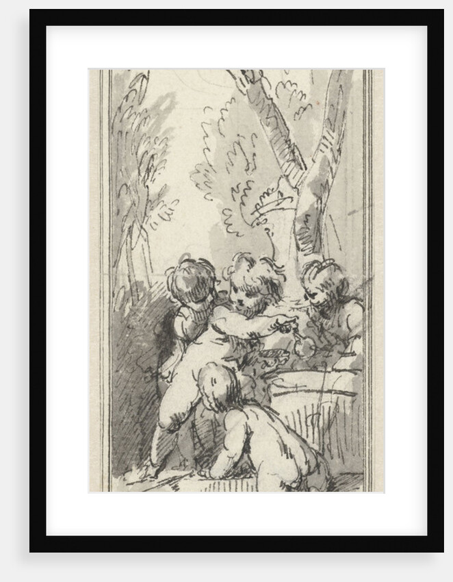 Four putti with palette and brushes in bossage by Jacob de Wit