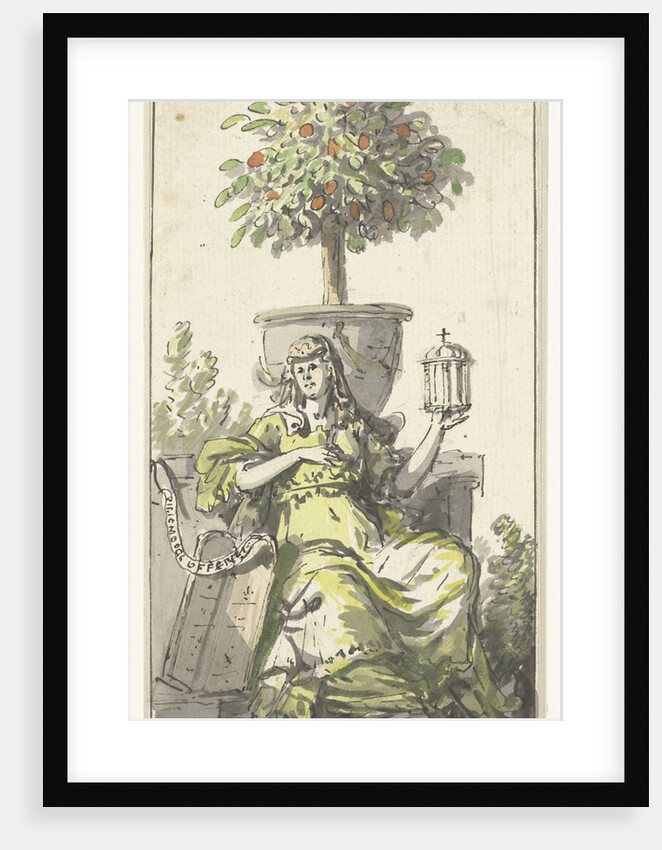Design for a title page with a woman with a monstrance by Abraham van Strij I