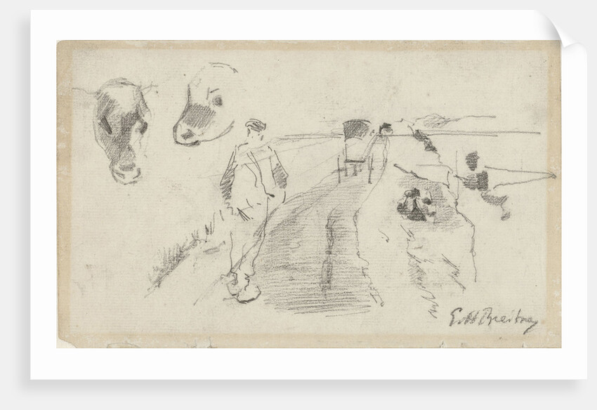 Sketch of a country road with a farmer and cow heads by George Hendrik Breitner