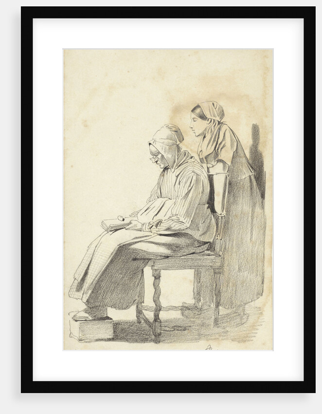 Young woman standing behind a seated reading old woman seen from the side by Pieter van Loon