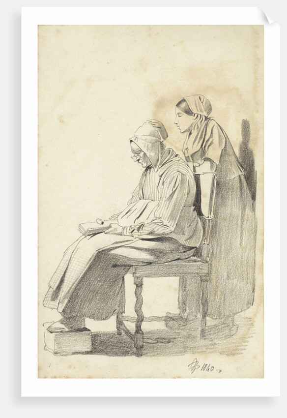 Young woman standing behind a seated reading old woman seen from the side by Pieter van Loon