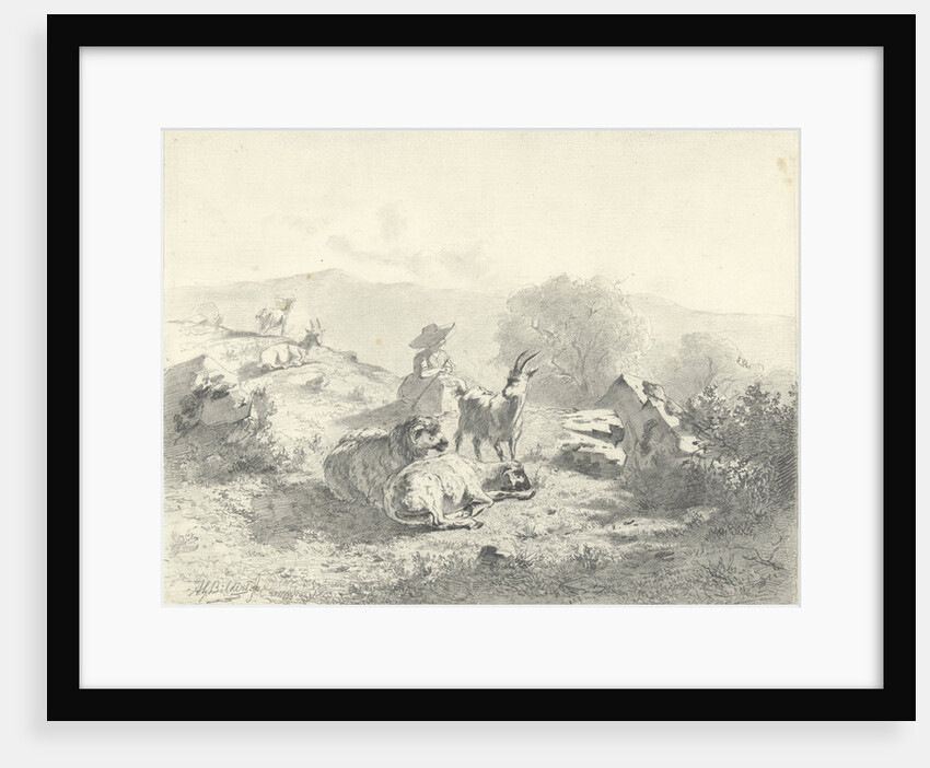 Shepherdess with goats and sheep in mountainous landscape by Gerard Bilders