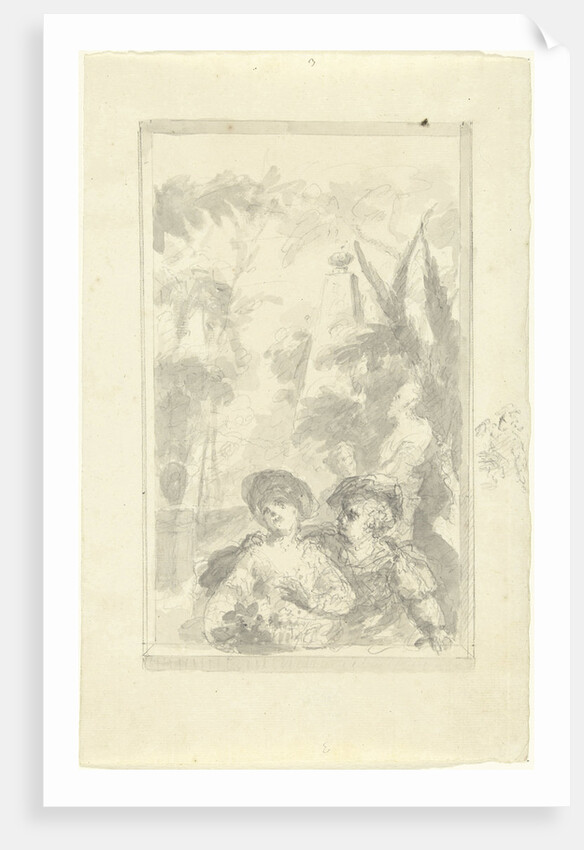 Design for a hall piece: boy and girl with flower basket by Dionys van Nijmegen