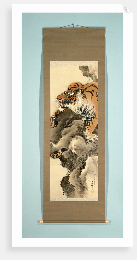 Horizontale Scroll Painting with a picture of a tiger on a rock by Tanaka Gekko