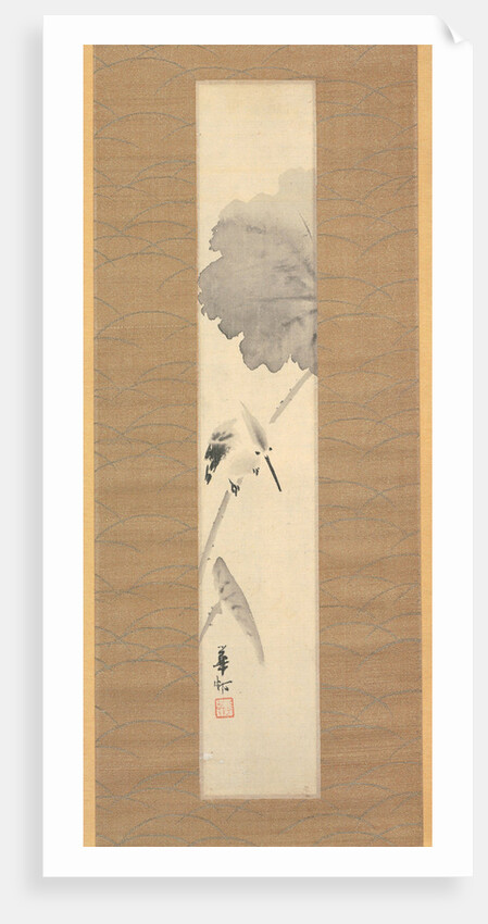 Kingfisher on lotus branch by Suzuki Kason