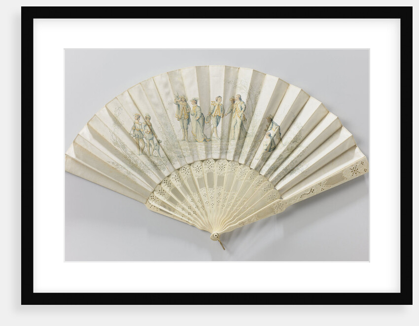 Folding fan with double sheet of white satin painted with oil on which we see a scene of five people dressed as 17th century musketeers by Anonymous