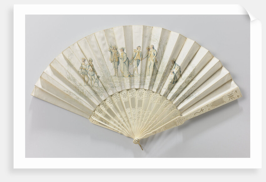 Folding fan with double sheet of white satin painted with oil on which we see a scene of five people dressed as 17th century musketeers by Anonymous