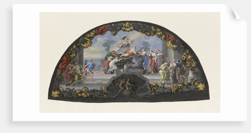 Folding fan, tempera and India ink 'Dido at the stake' painted surrounded by a heavy ornamental border. by Paul Androuet Ducerceau