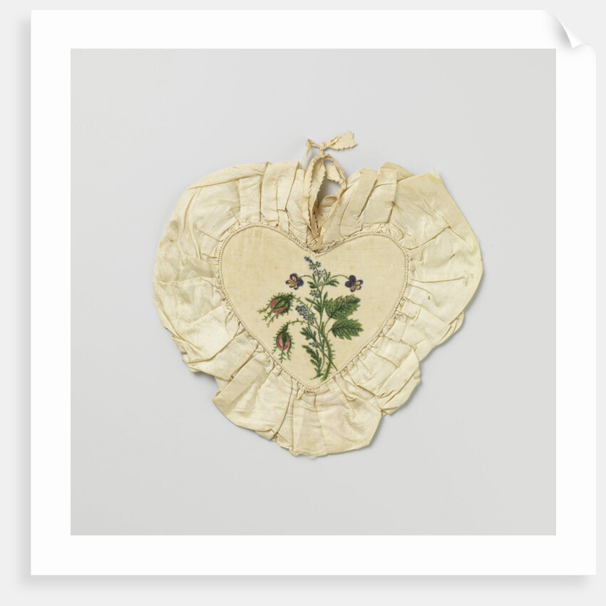 Bag made of durable two hearts lined with velvet, painted with flowers, surrounded by a border of cream-colored wrinkled sil by Anonymous