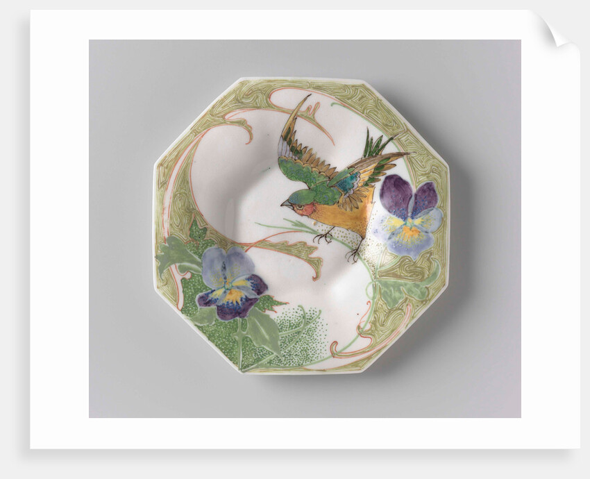 Dish, part of a set, painted with bird and violins by C.W.J. 't Hart