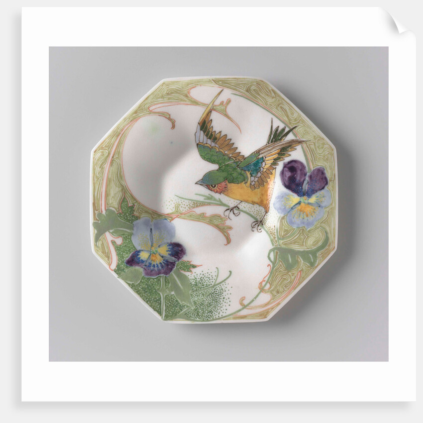 Dish, part of a set, painted with bird and violins by C.W.J. 't Hart