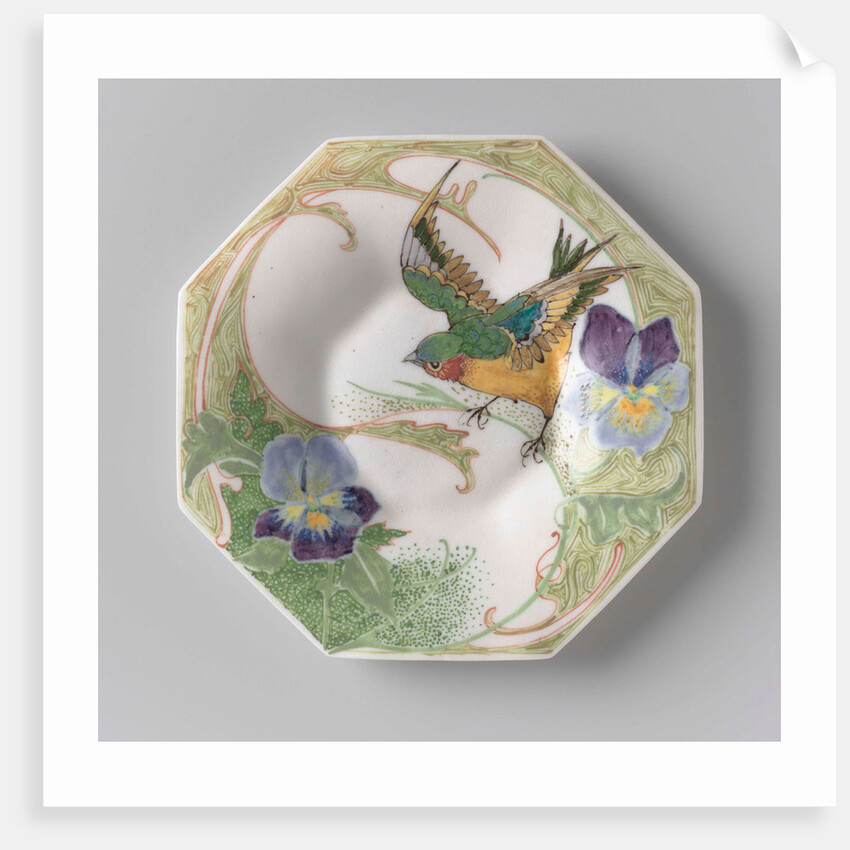 Dish, part of a set, painted with bird and violins by C.W.J. 't Hart