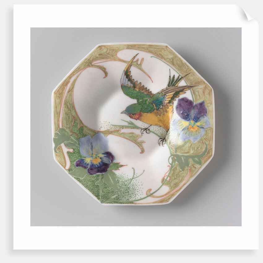 Dish, part of a set, painted with bird and violins by C.W.J. 't Hart