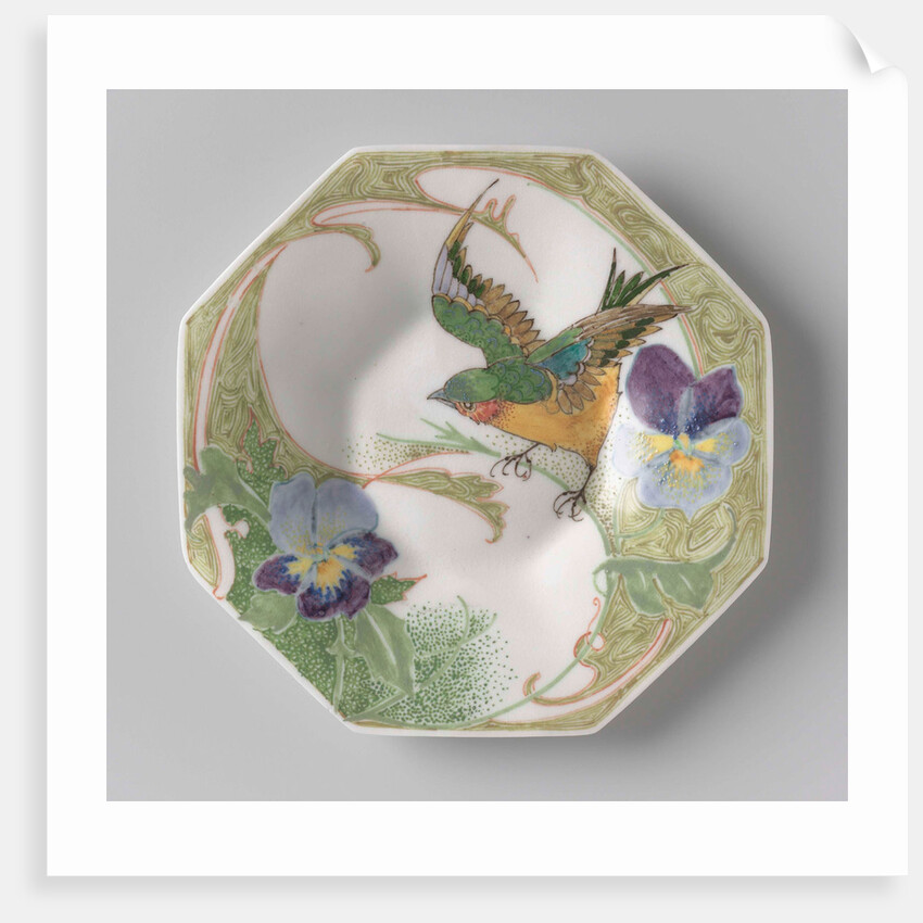 Dish, part of a set, painted with bird and violins by C.W.J. 't Hart