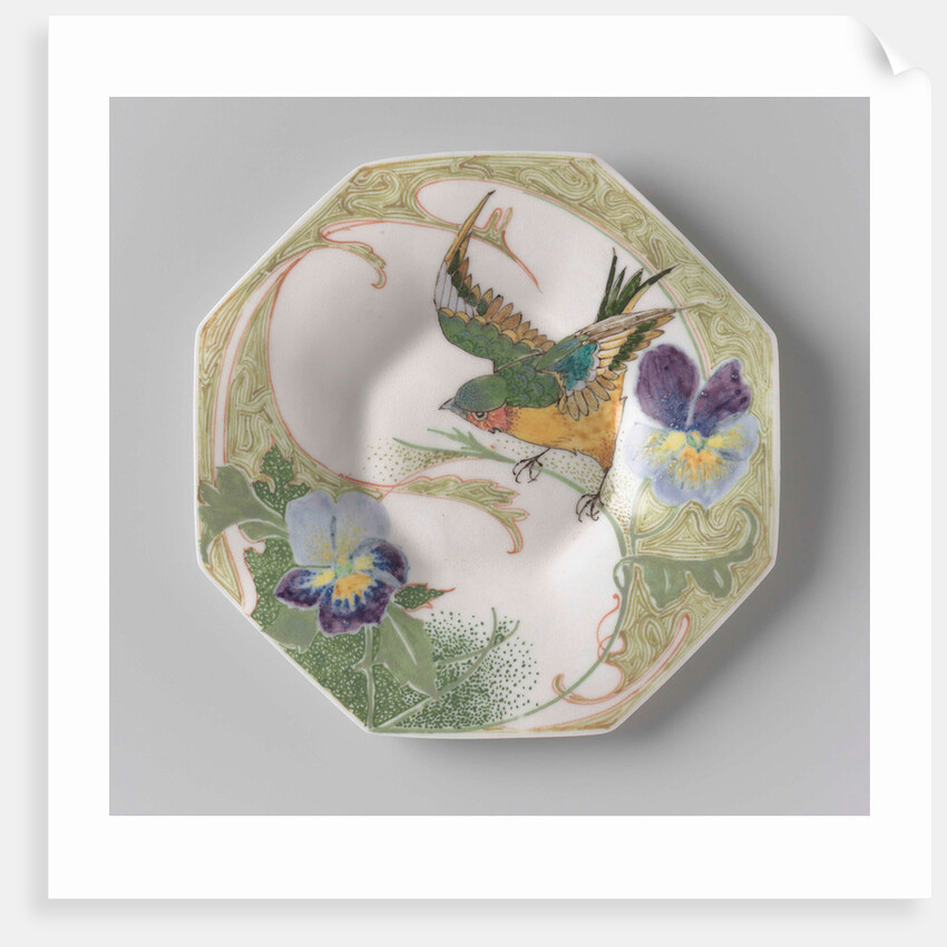 Dish, part of a set, painted with bird and violins by C.W.J. 't Hart
