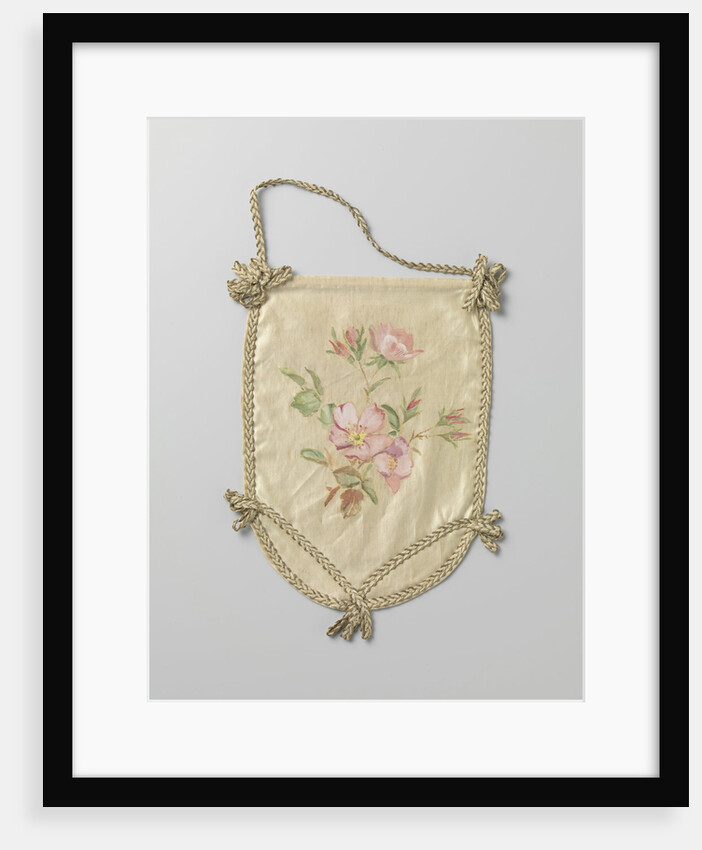 Single leaf of a pouch of ivory satin, on which in watercolor green branches and pink flowers by Anonymous