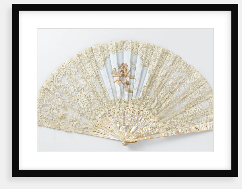 Folding fan with a sheet of tulle, on which bobbin and needle lace is appliqued and musical angels are painted with tempera, on a pearl frame by Anonymous