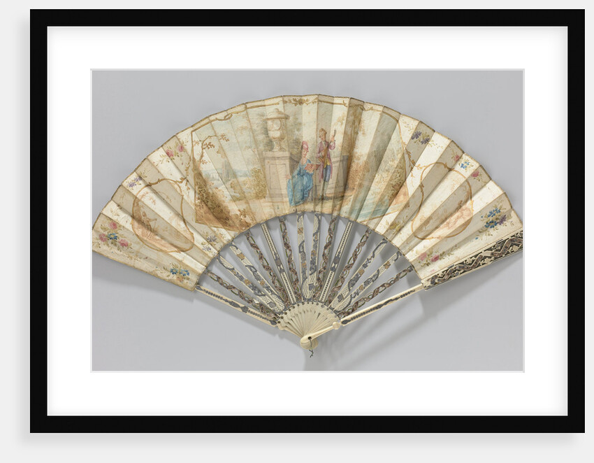 Folding fan with sheet of paper in watercolor a picture of a couple making music in a Landscape with ruins, openwork carved frame decorated with 'métal en quatre couleurs' by Anonymous