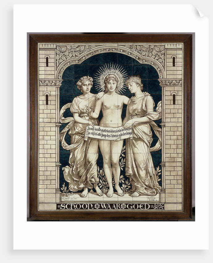Tile panel with the personifications of the Beautiful, the True and the Good, Daniël Harkink by Georg Sturm