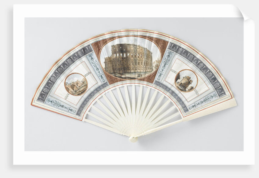 Folding fan with sheet of goatskin, which with gouache the Colosseum, the Baths of Caracalla and the Tomb of Cecilia Metell by Camillo Buti