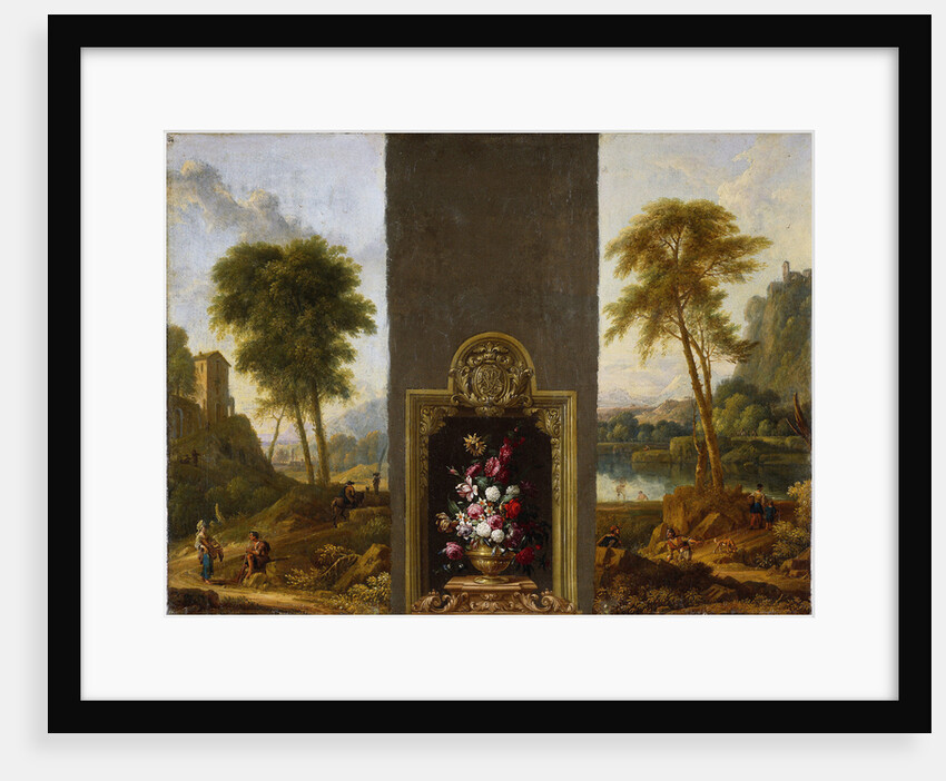 Flower still life in frame with monogram by Willem Hendrik Wilhelmus van Royen
