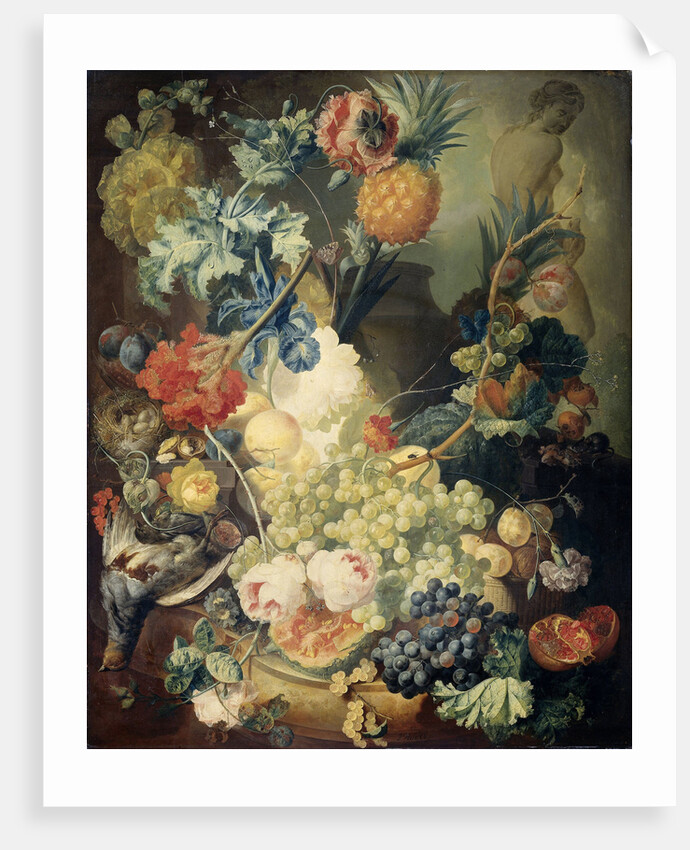 Still Life with Flowers, Fruit and Birds by Jan van Os
