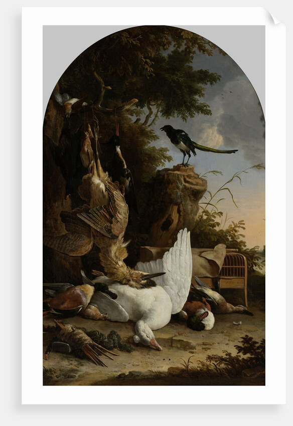 A Hunter’s Bag near a Tree Stump with a Magpie, Known as ‘The Contemplative Magpie’ by Melchior d' Hondecoeter
