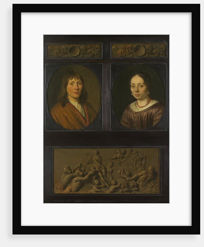 Portraits of a Man and a Woman framed with two ornamental frieze miniatures with shell motif and a Triumph of Amphitrite by Willem van Mieris