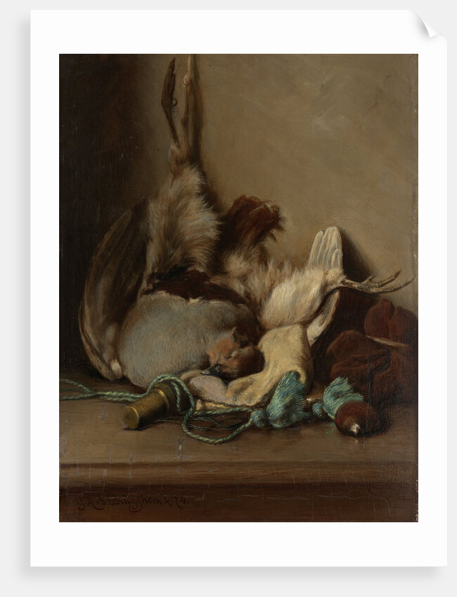 Still life with wood pigeon and powder horn by Guillaume Anne van der Brugghen