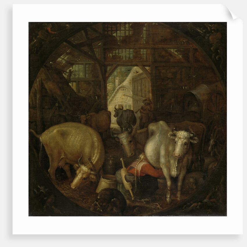 Cows in a stable; witches in the four corners by Roelant Savery