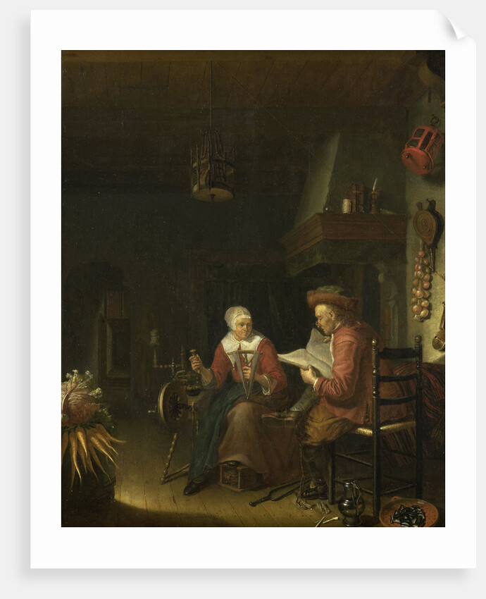 Interior with a man reading and a woman spinning yarn by Domenicus van Tol