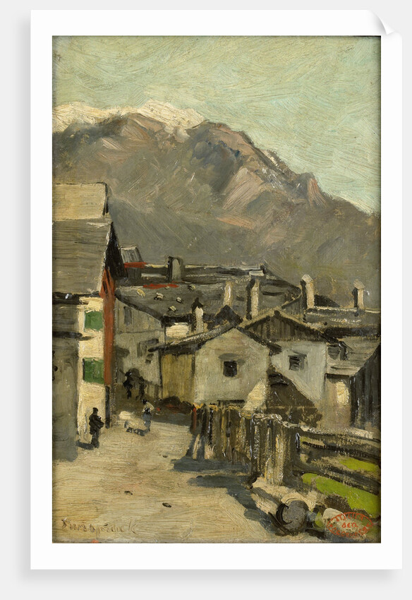 Houses on a road, behind a high mountain (Innsbruck?) by Geo Poggenbeek