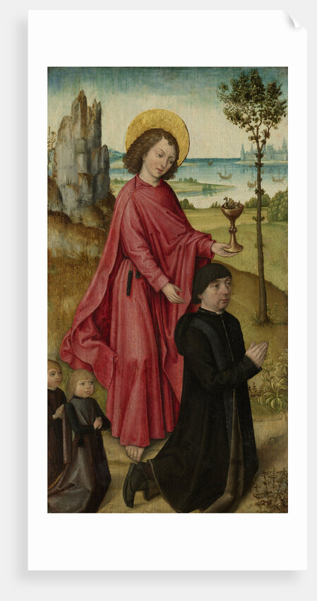 A Donor and his two Sons with Saint John the Evangelist, inner left wing of a triptych by Workshop of The Bruges Master of the Legend of Saint Ursula