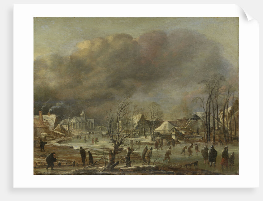 Snowfall on a village beside a frozen canal by Aert van der Neer