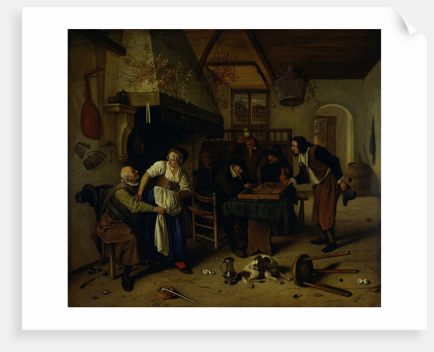Interior of an inn with an old man amusing himself with the landlady and two men playing backgammon, known as 'Two kinds of games' by Jan Havicksz. Steen