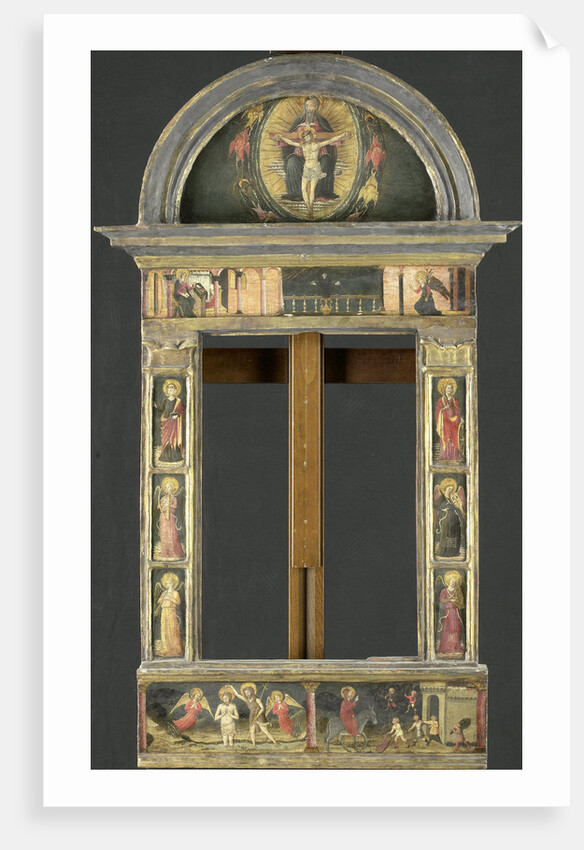 Frame depicting the Annunciation, Baptism of Christ, Entry into Jerusalem, Saints Cecilia and Catherine of Alexandria, Trinity (Gnadenstuhl, Mercy Seat), and four Music-making Angels by Circle of Giovanni di Francesco del Cervelliera