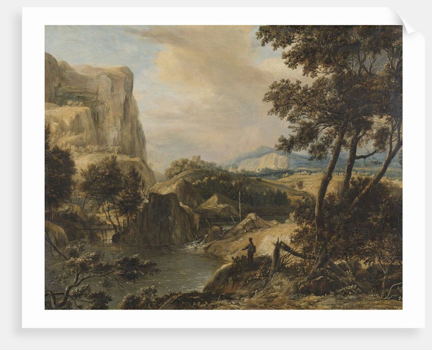 Mountainous landscape with fisherman by Roelant Roghman