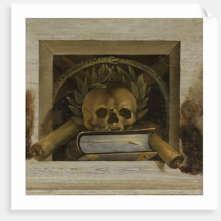 Vanitas Still Life with Scull with Laurel Wreath and two Burning Candles by Jacob van Campen