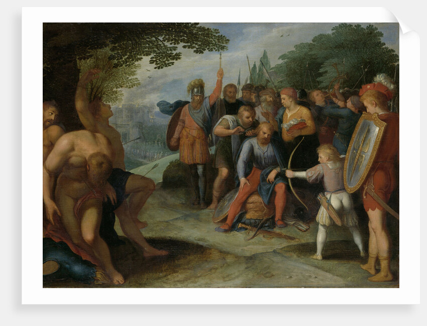 After the Fall of Vetera Castra Claudius Civilis has his hair cut while his son shoots some prisoners by Otto van Veen