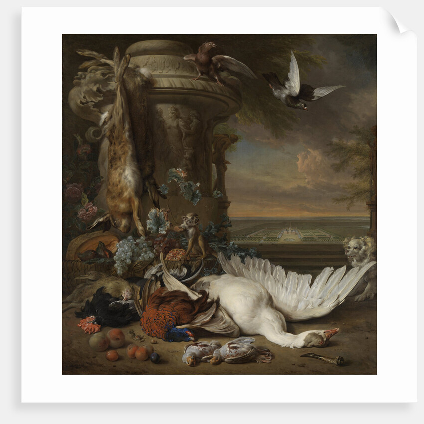 Hunting and Fruit Still Life next to a Garden Vase, with a Monkey, Dog and two Doves by Jan Weenix