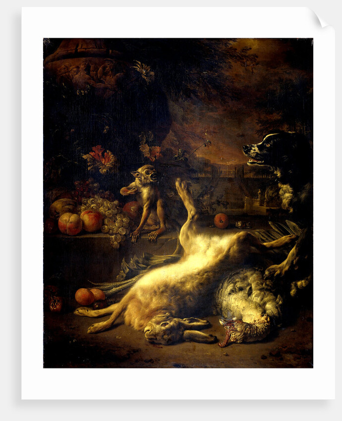 A Monkey and a Dog with Dead Game and Fruit by Jan Weenix