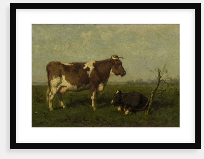A cow with her calf in a meadow by Jan Vrolijk