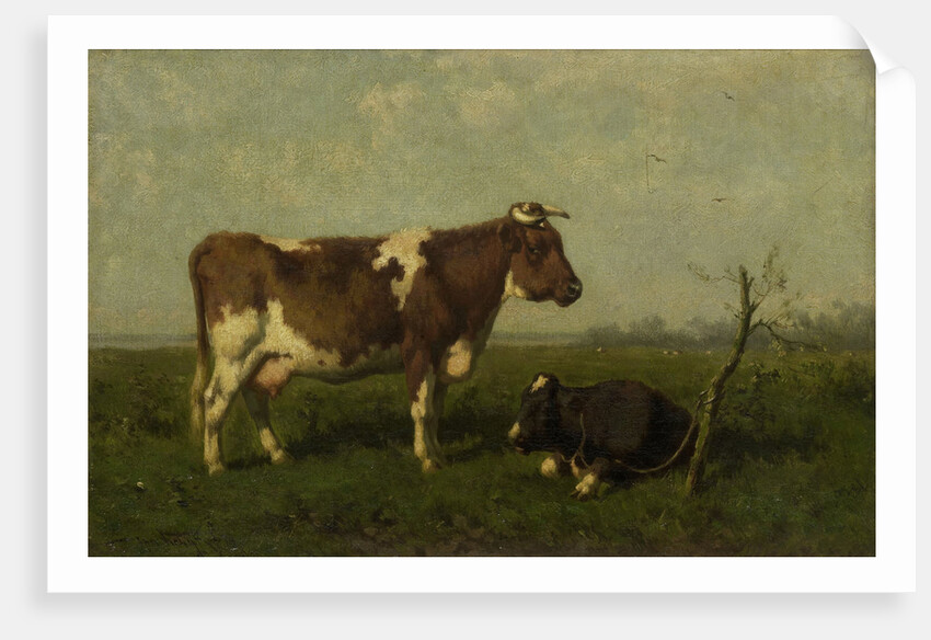 A cow with her calf in a meadow by Jan Vrolijk