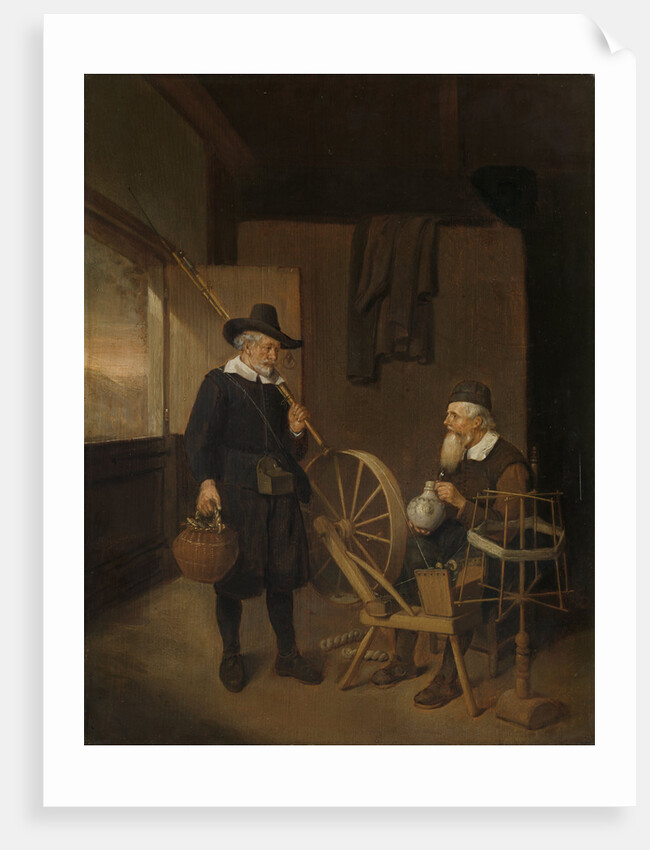 Interior with an Angler and a Man Sitting at a Spinning Wheel and Reel by Quiringh Gerritsz. van Brekelenkam