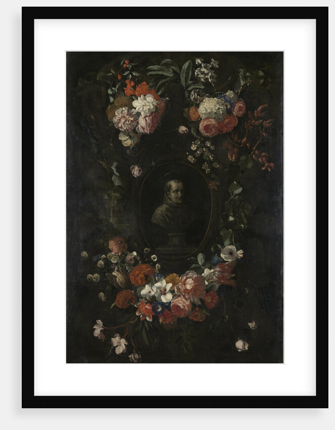 Garland of Flowers surrounding Portrait of Hieronymus van Weert, Martyr of Gorkum by David Teniers II