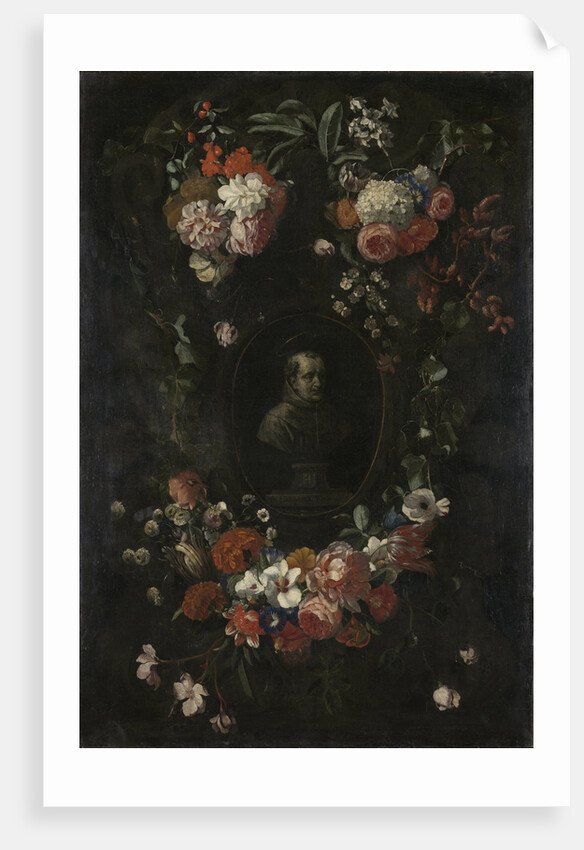 Garland of Flowers surrounding Portrait of Hieronymus van Weert, Martyr of Gorkum by David Teniers II