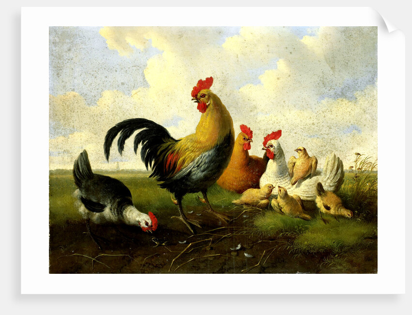 A rooster with hens and chicks by Albertus Verhoesen