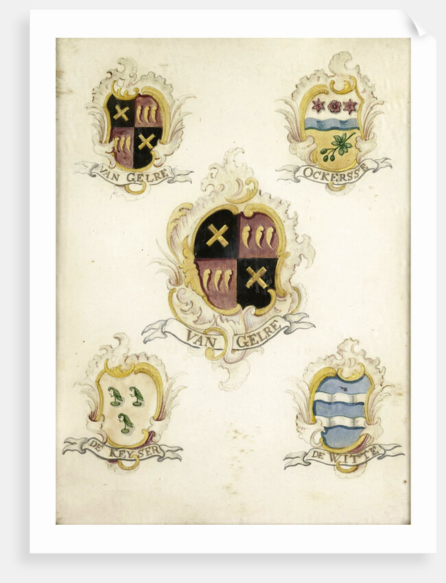 The coat of arms of Anna Digna van Gelre, wife of Laurens Jacobsz de Witte, with the coat of arms of her four grandparents by Anonymous